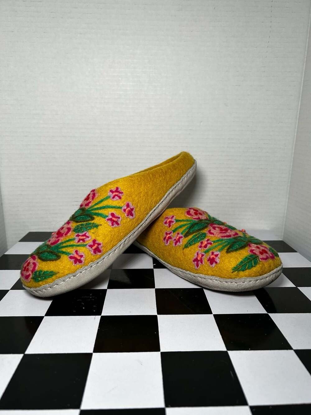 French Knot Secret Garden Embroidered 100% Wool Slippers, Mustard Floral